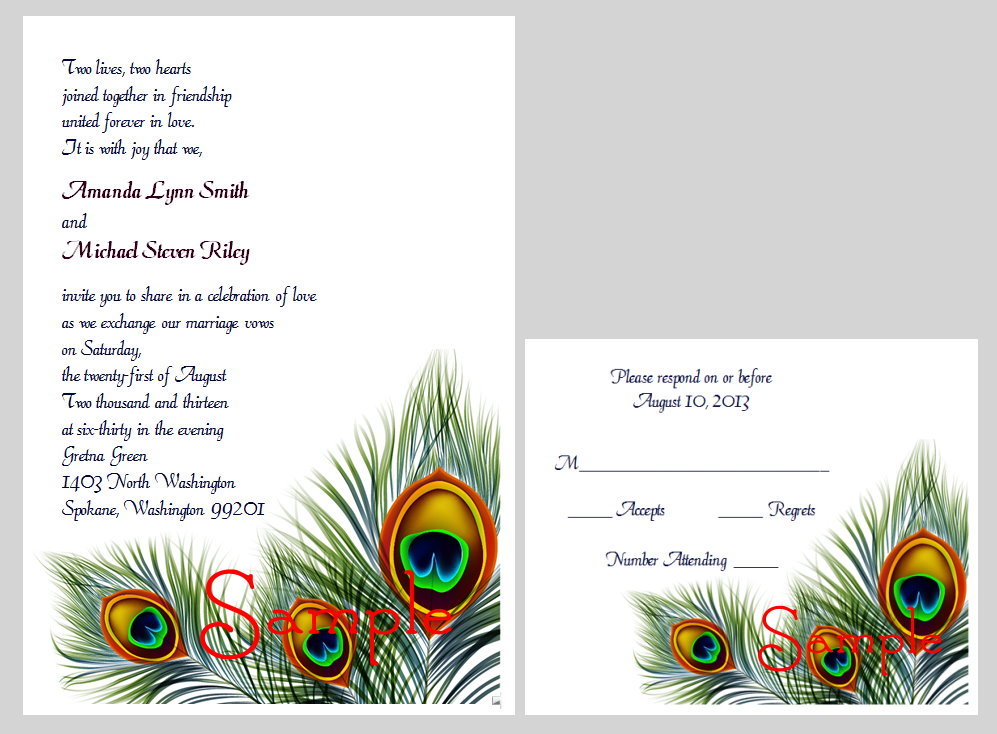 100 Personalized Custom Peacock Feather Swirl Bridal Wedding Invitations Set