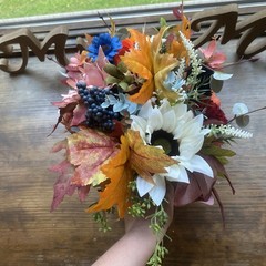 Bridal Wedding Bouquet Lovely Budget Minded Faux Bubble Pearl Blue + Fall Colors