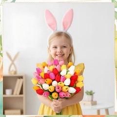 48 Pcs Artificial Tulips Fake Flower Bouquet PU Real Touch Mixed Colors Easter