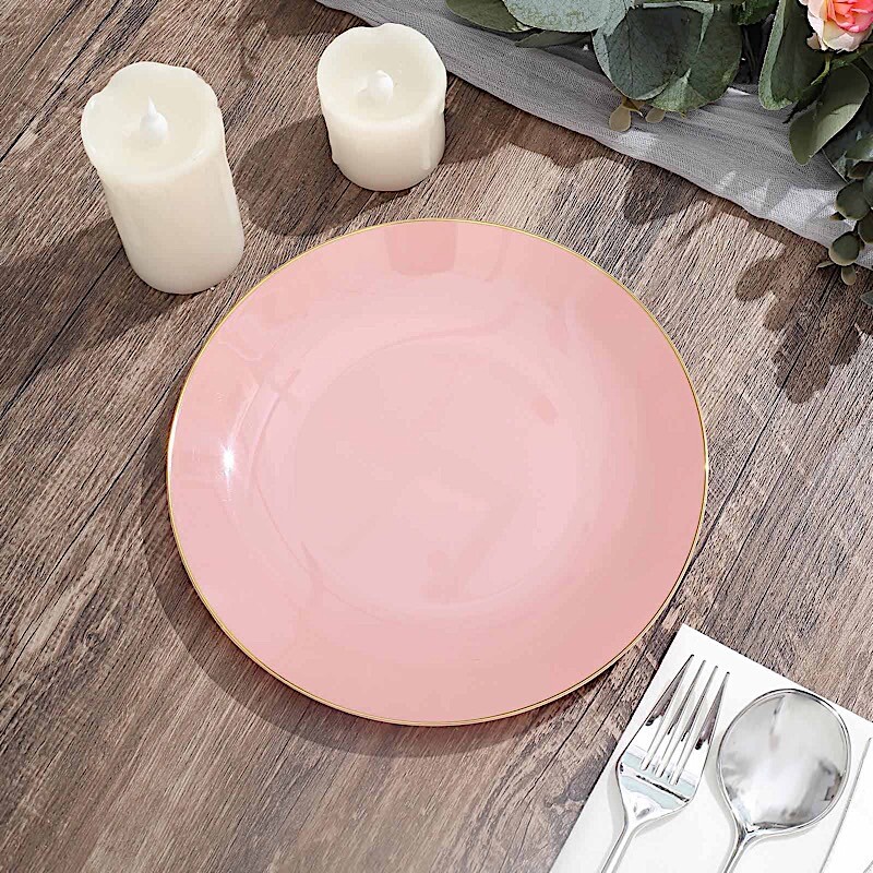 DUSTY ROSE 10 Glossy 8″ Round Plastic Salad PLATES Gold Rim Party Events
