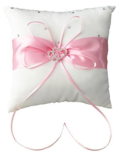 7.8″ Satin Double Hearts Decoration Wedding Ring Bearer Pillow () Pink