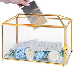 Glass Wedding Card Box with Lock, 12.6X5.9X9 Inches Large Gold Card Boxes for We