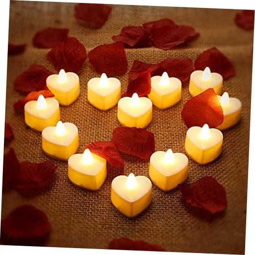 12 Pcs Heart Shape LED Tealight Candles Love LED Yellow Light, Dark Red Petal