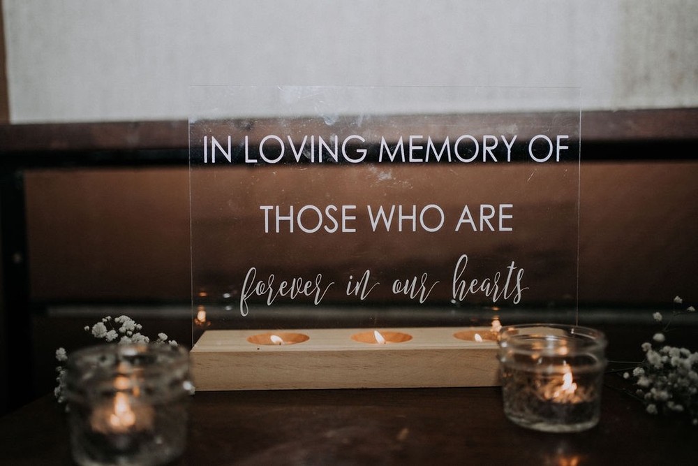 Studio His & Hers In Loving Memory Acrylic Sign w/ Wood Base & 3 Candle Holders