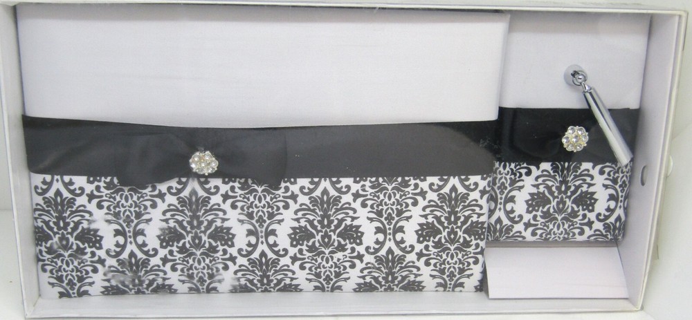 Black And White Damask Satin Covered Wedding Guest Book and Pen Set