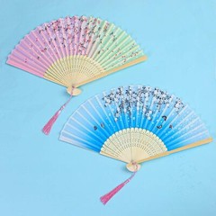 Aneco 4 Pieces Folding Fans Bamboo Handheld Silk Fabric Color A
