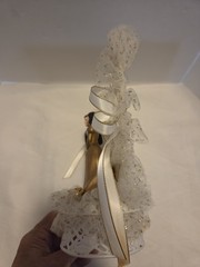 Vintage MCM 50th Wedding Anniversary Cake Topper White Lace Gold Trim Brown Hair