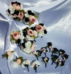 19 Pc Wedding Bouquet Pkg, Ivory, Navy Blue Roses, Blush Peony, Navy & Pink