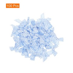 100Pcs Mini Gingham Ribbon Bow 1.5″ Checkered Fabric Satin Light Blue and White