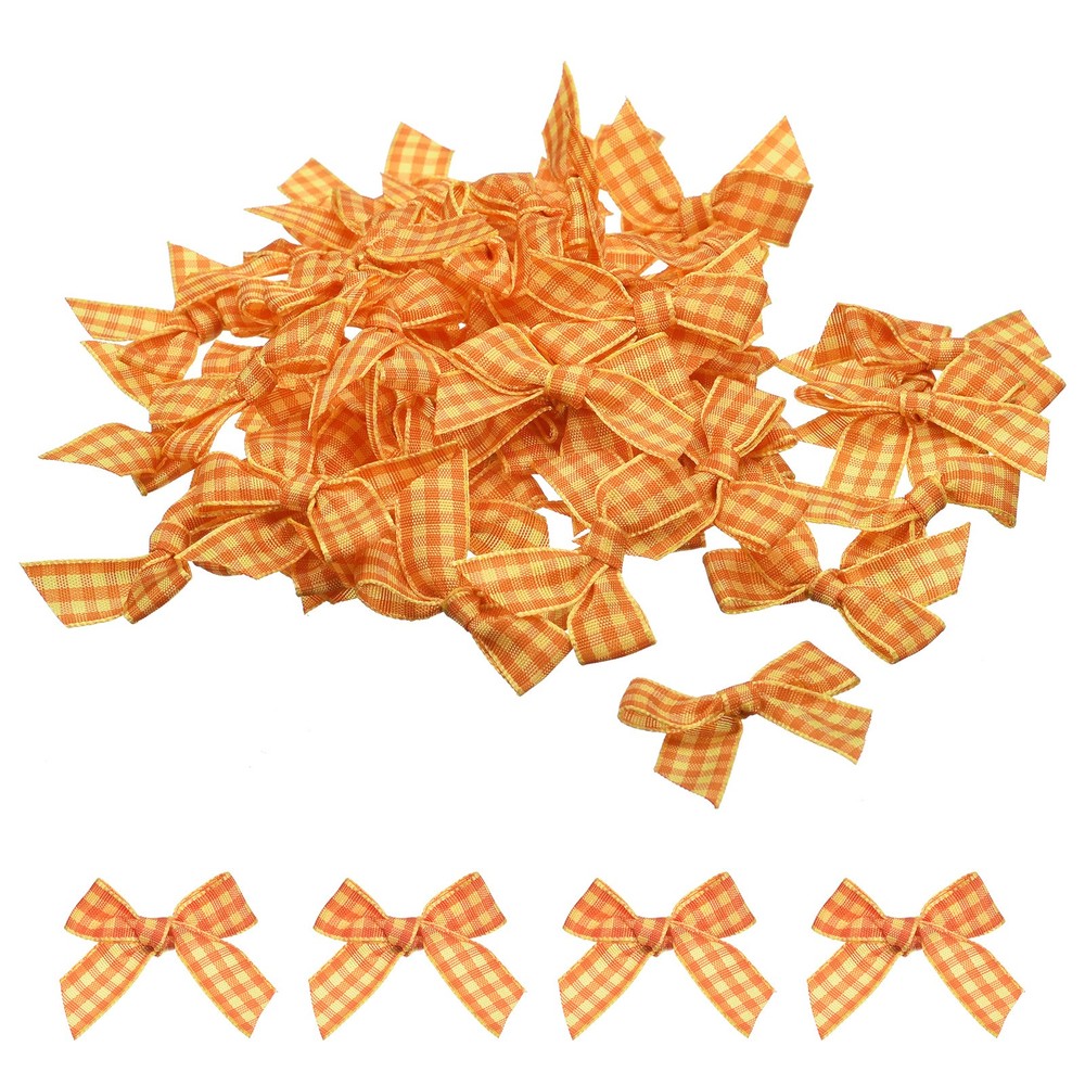 50Pcs Mini Gingham Ribbon Bow Checkered Fabric Satin Ribbon Flower Bows Orange