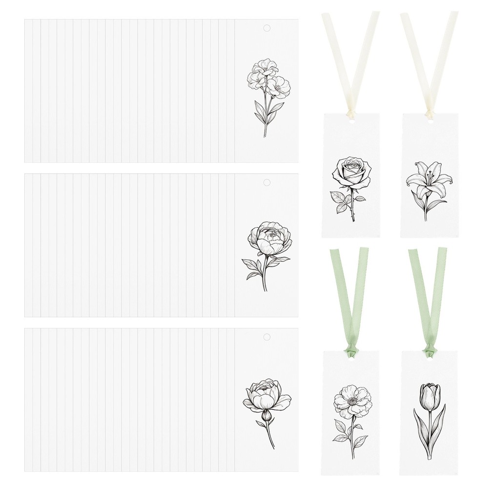 100Pack Blank Place Card with Green & Beige Ribbon, 3.54 x 1.57 Inch, White