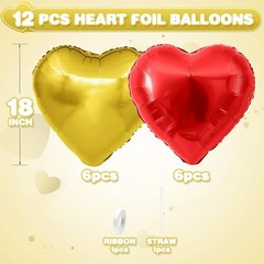 Heart Balloons,12Pcs Red Heart Shaped Foil Balloons,18Inch Gold Helium Red Gold