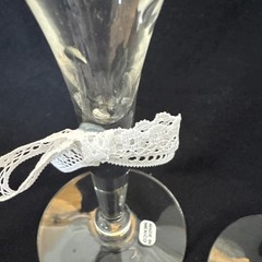 Vintage 80s Wedding Champagne Glasses Bride & Groom Heartline Lace Bows Set