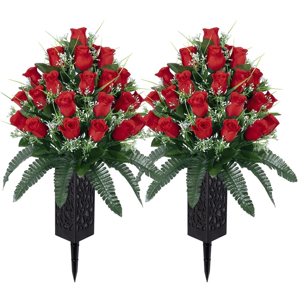 LVXINLI 2 Sets Artificial Cemetery Flowers,Outdoor Grave Decorations Red