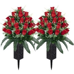 LVXINLI 2 Sets Artificial Cemetery Flowers,Outdoor Grave Decorations Red