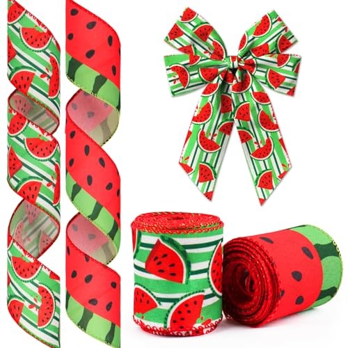2 Rolls Summer Ribbons Wired for Wreath Bows Wrapping Gifts, Red Fruit style5