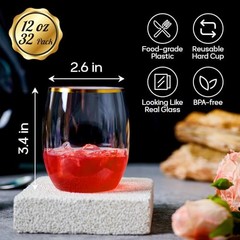 32 Pack 12 OZ Plastic Wine Glasses, Stemless Disposable Wine 12OZ-32-Gold Rim