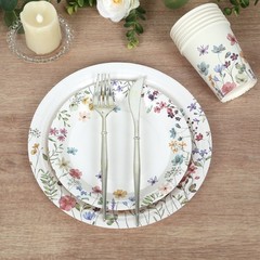 75 White Wildflower Butterfly Print Paper Plates and Cups Set Wedding Events