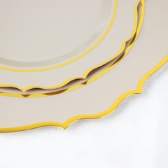 30 TAUPE 8″ Round Plastic Dinner Plates GOLD Scalloped Rim Events Wedding