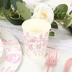 24 WHITE PINK 9 oz Disposable PAPER CUPS French Toile Pattern Party Supplies