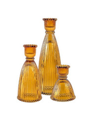 3 pc. Amber Glass Candlestick Holders – height (S) 3.54″, (M) 5.9″, (L) 7.81