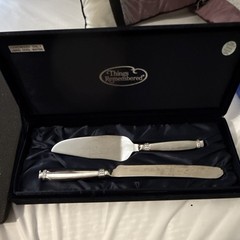 Things Remembered Wedding Cake Knife & Server Set Silver Swarovski Beaded Handle