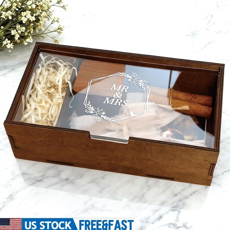 Wedding Keepsake Box Wooden Memory Organizer W/ Acrylic Lid Photos Cards Gifts