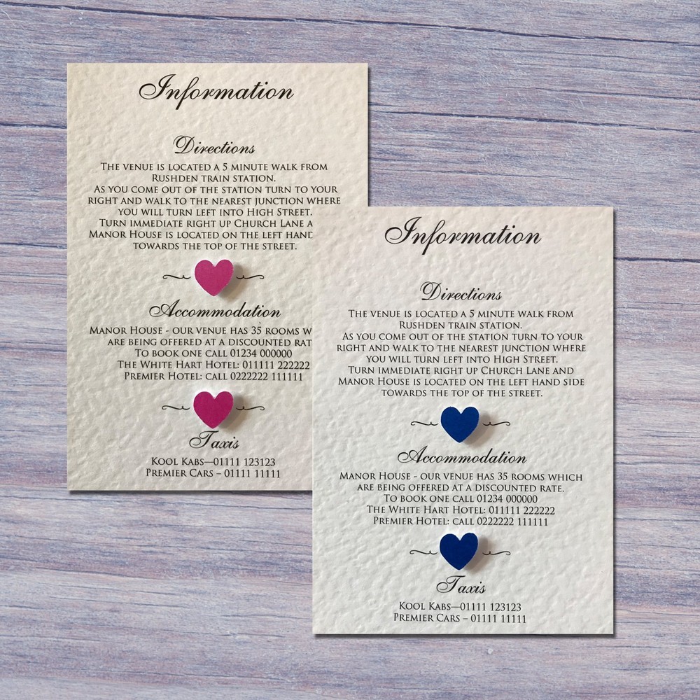 10 Wedding Information Cards – Gifts – Accommodation – Directions – Transport