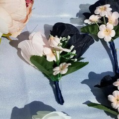 19 Pc Wedding Bouquet Pkg, Ivory, Navy Blue Roses, Blush Peony, Navy & Pink