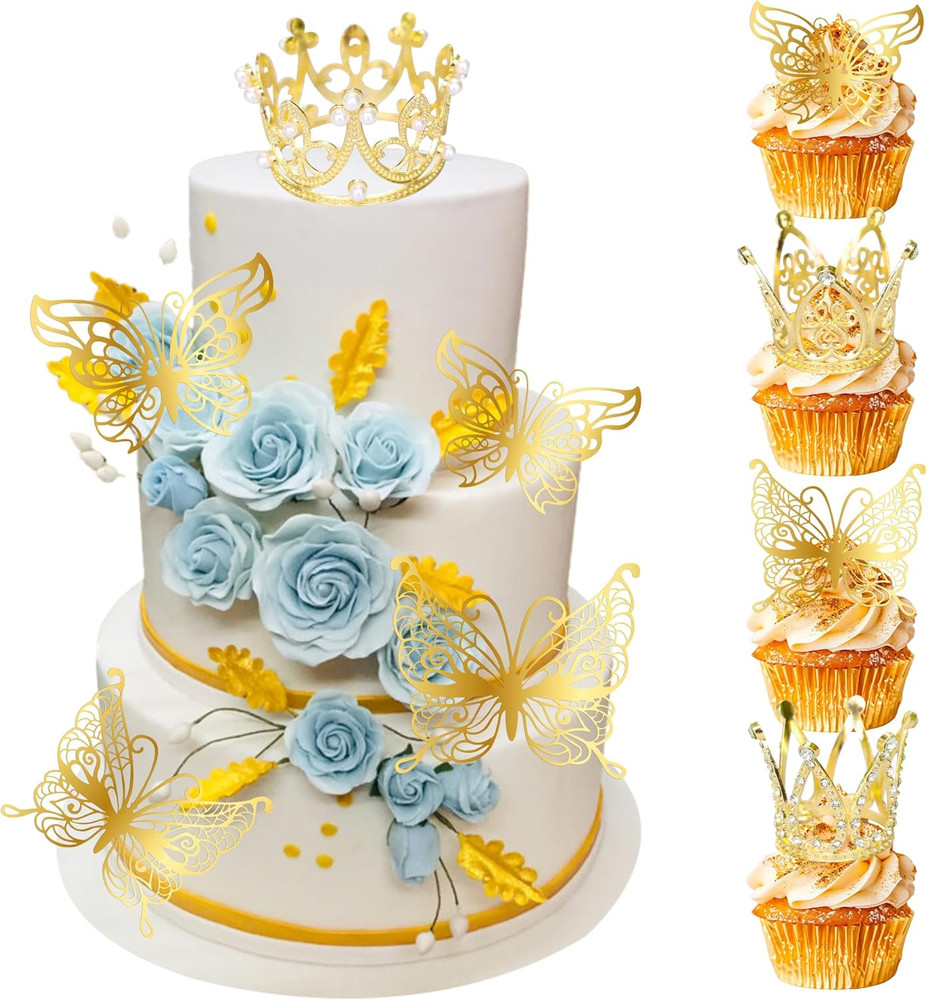 9 Pack Crown Cake Toppers Mini Tiara 3D Gold Butterfly Decoration Vintage Pearl