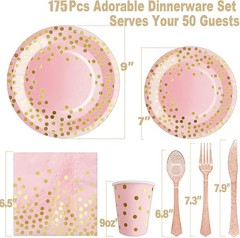 175PCS Pink Rose Gold Party Plates Set for 25 Guests Disposable Cutlery Cups