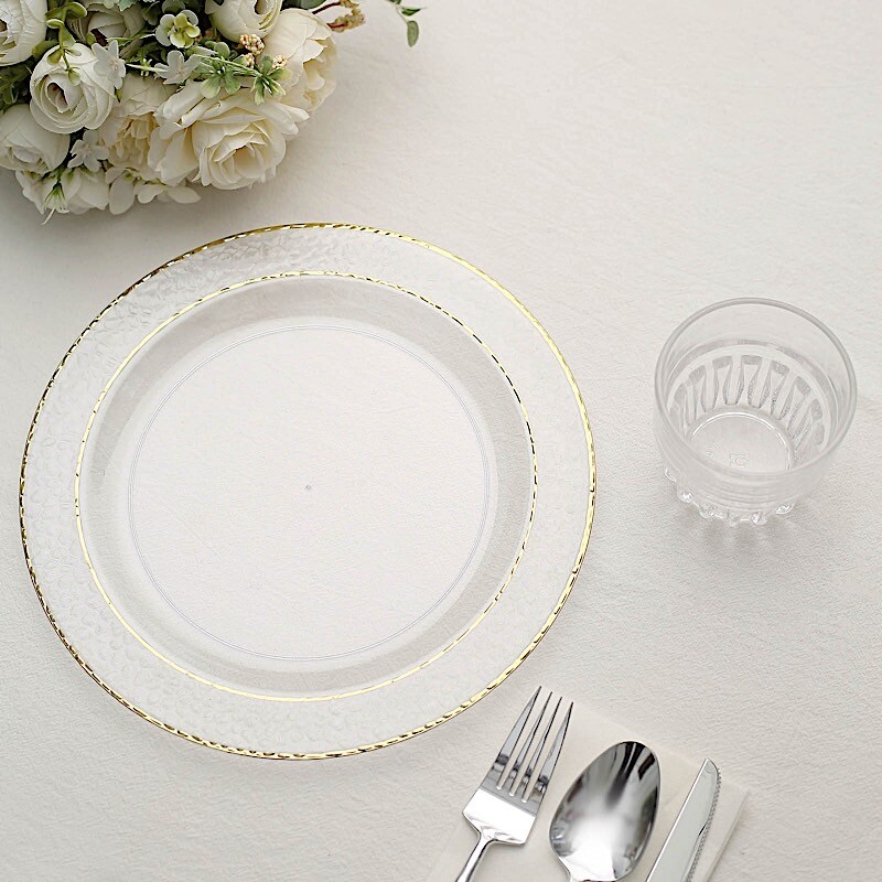 50 CLEAR 10″ Round Salad PLATES Hammered GOLD Trim Party Events Wedding Supplies