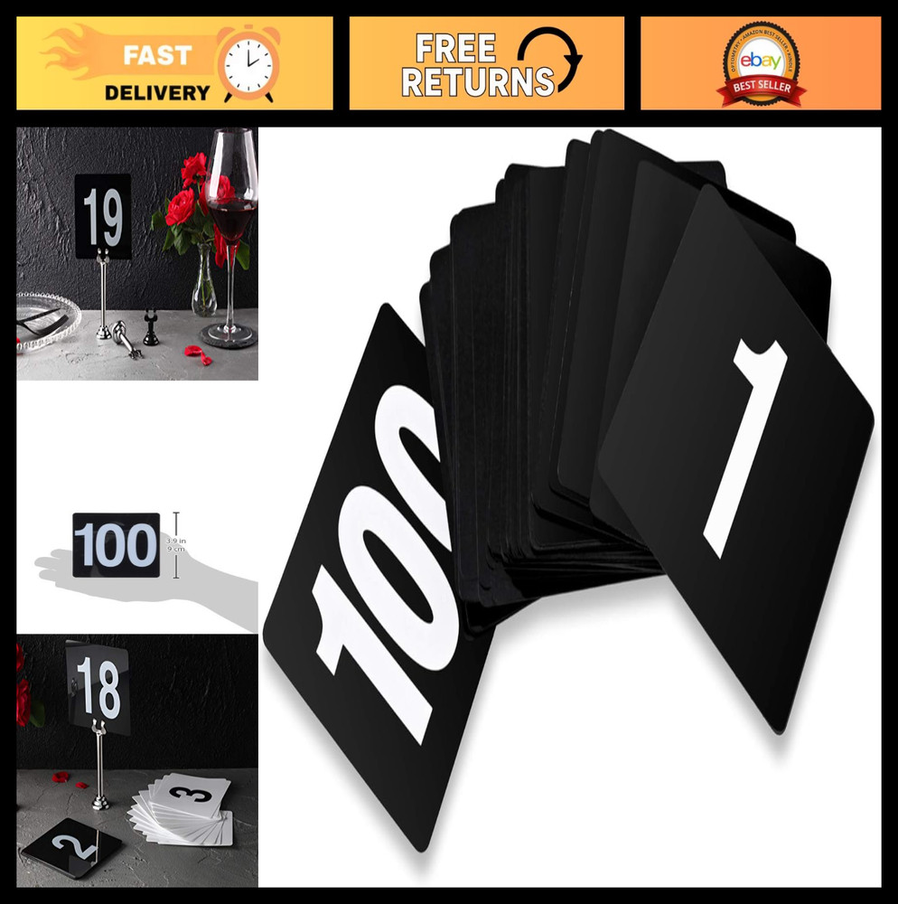 Double-Sided Plastic Table Numbers 1-100, 4″x4″, Light Grey on Black – Restauran