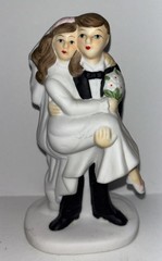 Bride & Groom Ceramic Wedding Cake Topper 5” Carrying Threshold Vintage