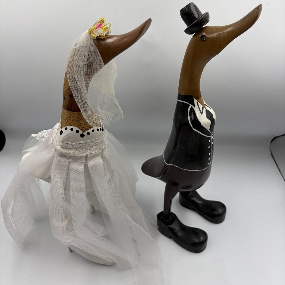 Wedding Bride And Groom Wooden Ducks Handmade Veil Dress Tuxedo Statues Unique