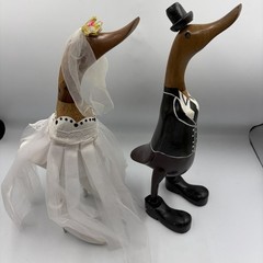 Wedding Bride And Groom Wooden Ducks Handmade Veil Dress Tuxedo Statues Unique