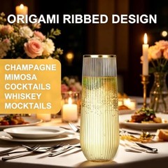 48 Pack Ribbed Plastic Champagne Flutes Stemless With Gold Rim, Unbreakable