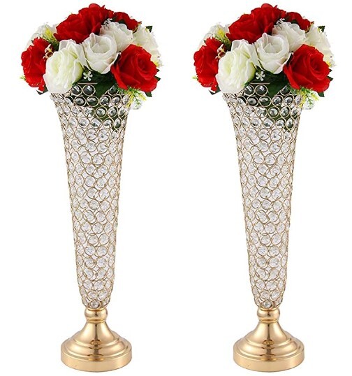 2 Pc Gold Crystal Trumpet Flower Vase Set 53 cm Tall Wedding Centerpiece