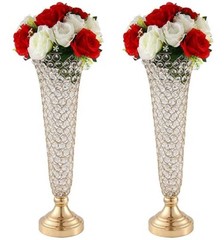 2Pcs Gold Crystal Flower Stand Vases Wedding Centerpiece for Dining Table Decor