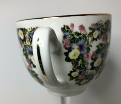 Floral Bone China Teacup Wine Glass Gold Trim Roses Petunia PAIR Wedding Shabby