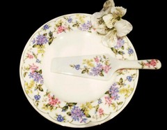 PORCELAIN BONE CHINA ANDREA BY SADEK CAKE PLATE & SERVER 2PC SET, EXCELLENT COND
