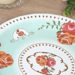 25 TURQUOISE 9″ Paper Round Plates with Vintage Rose Flower Print Wedding