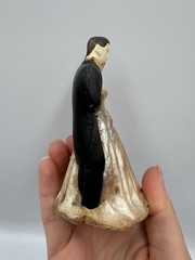 Vintage 1950s Chalkware Wedding Cake Topper Black Brown Hair Off white Dress