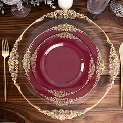 Efavormart 10 Pack | 10″ Burgundy and Gold Baroque Dinner Plates, Leaf Embossed