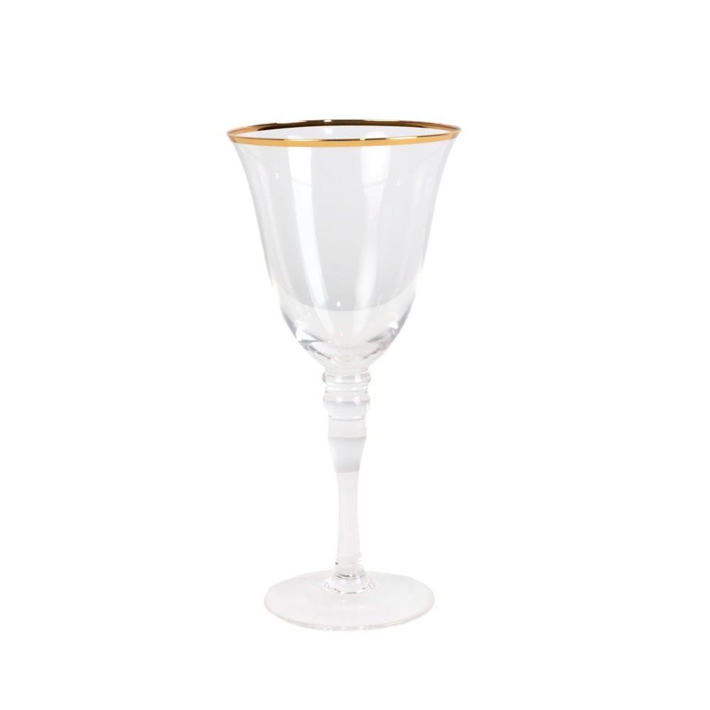 6 Clear Gold Wine Goblet Glasses 9oz Rimmed Design with Long Beaded Stem Party
