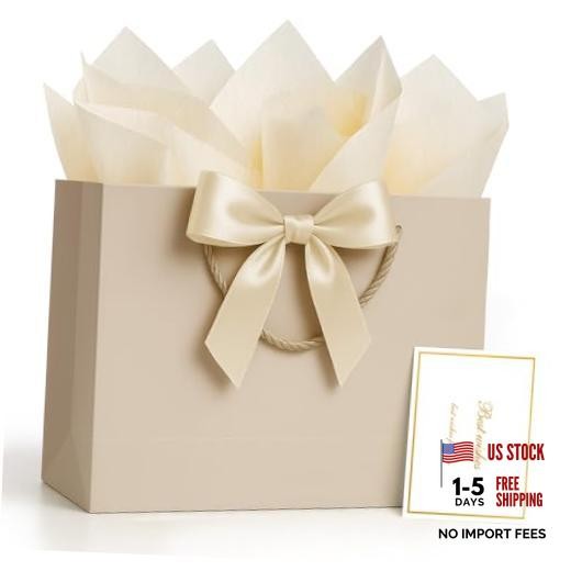 Gift Bags Medium with Handles with Ribbon 1 count (Pack of 1) Champagne Beige