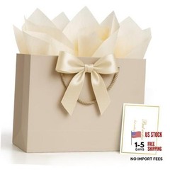 Gift Bags Medium with Handles with Ribbon 1 count (Pack of 1) Champagne Beige