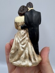 Vintage 1950s Chalkware Wedding Cake Topper Black Brown Hair Off white Dress