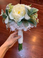 Beautiful Wedding Bouquet White Peony Sage Silk Flowers Pearls Lace Ribbons