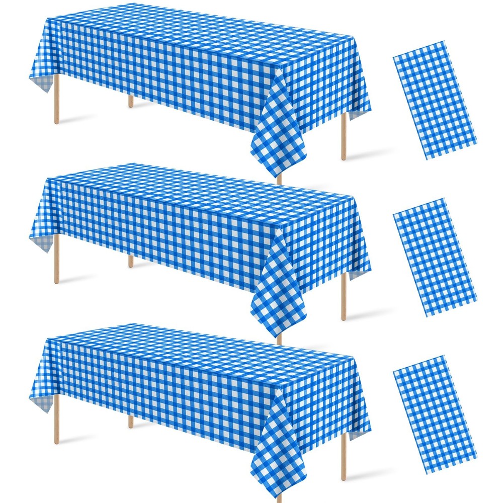 3pcs Blue And White Gingham Tablecloth Decorations, Disposable Plastic Blue